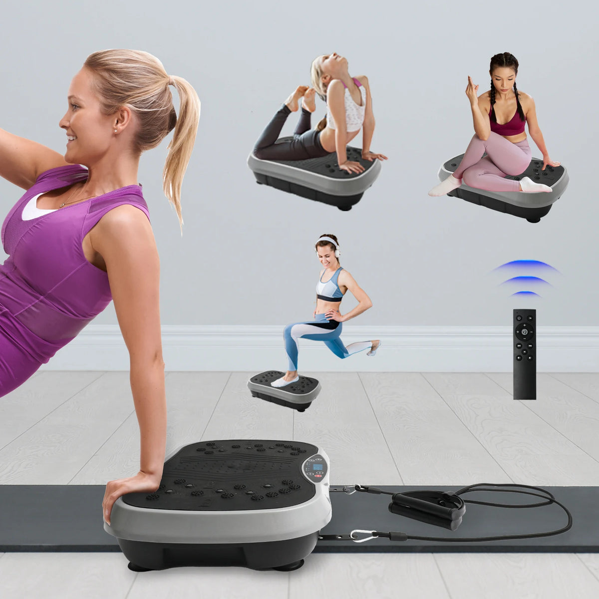 Close-ups of the vibration plate’s raised surface dots, underside silicone foot pads and speaker grille.