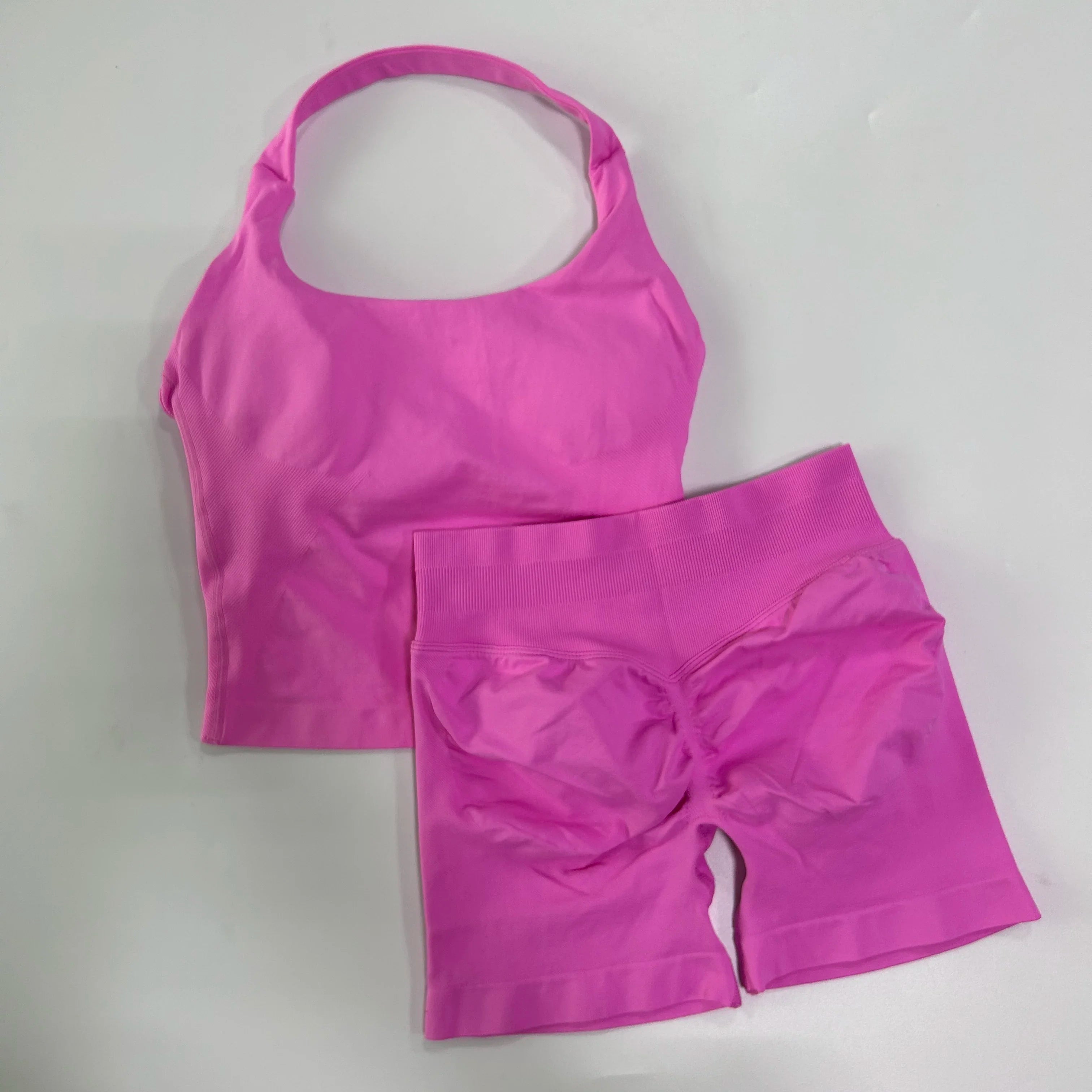 Women's 2-Piece Yoga Gym Set | Backless Halter Top & High Waist Seamless Shorts – Wellness-Whirl