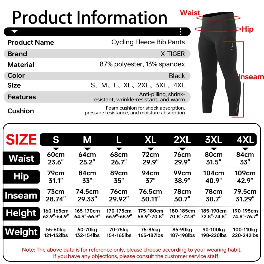 Winter Men's Long Cycling Pants Sponge Pad Shock Absorption Bicycle Trousers Warm Breathable MTB Road Bike Tights