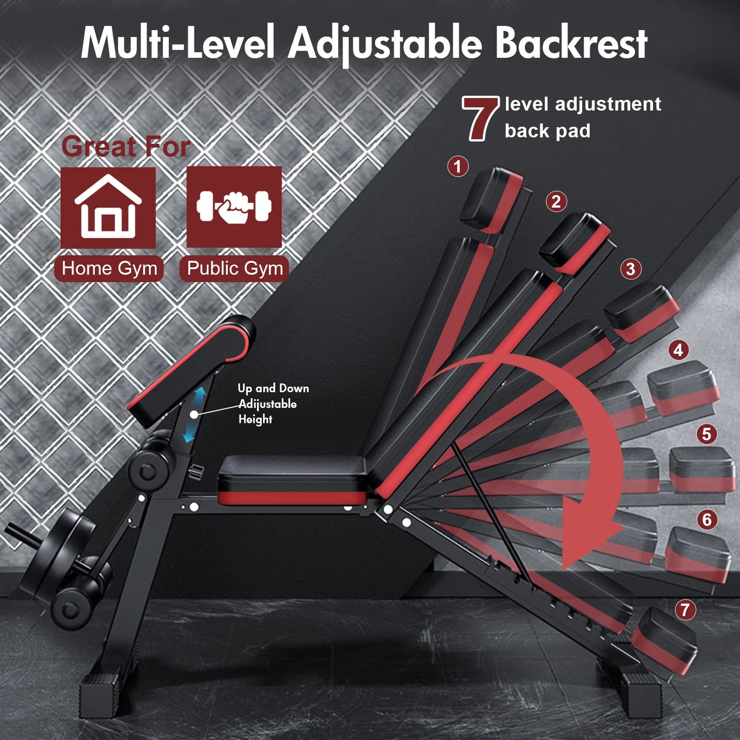 Adjustable Weight Bench 7-Level Foldable with Extended Headrest Leg Extension Incline Decline Bench 770 lbs Full-Body Strength