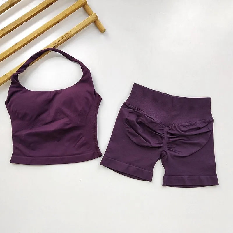 Women's 2-Piece Yoga Gym Set | Backless Halter Top & High Waist Seamless Shorts – Wellness-Whirl