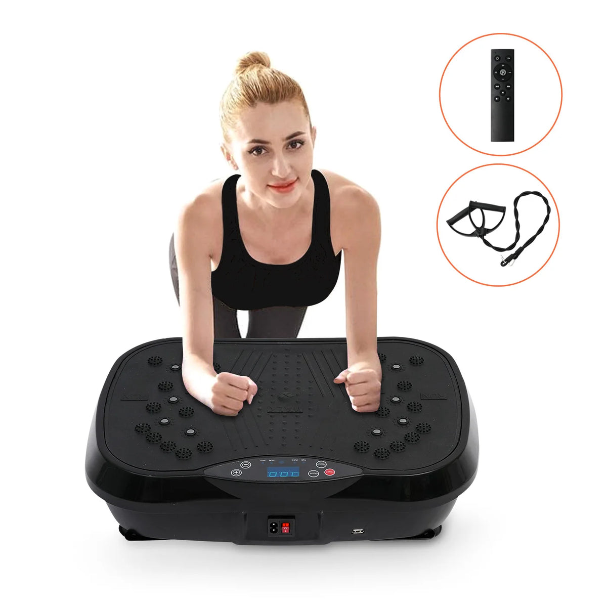 Woman resting her forearms on a black vibration plate, with remote control and resistance bands shown alongside.