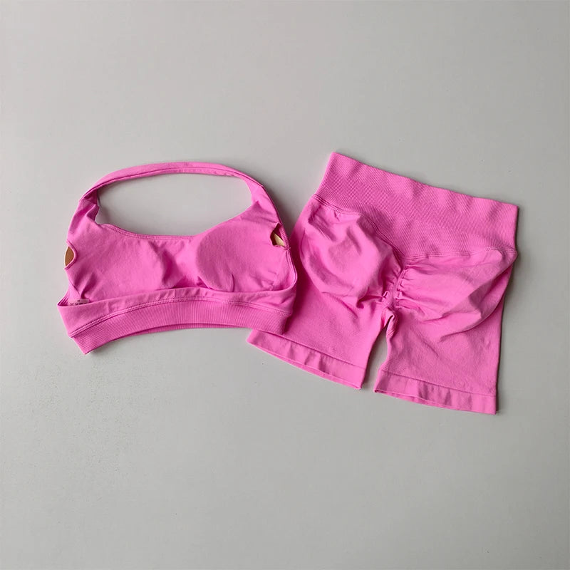 Women's Halter Neck Sports Bra & High-Waist Shorts Set | Yoga & Pilates Activewear – Wellness-Whirl