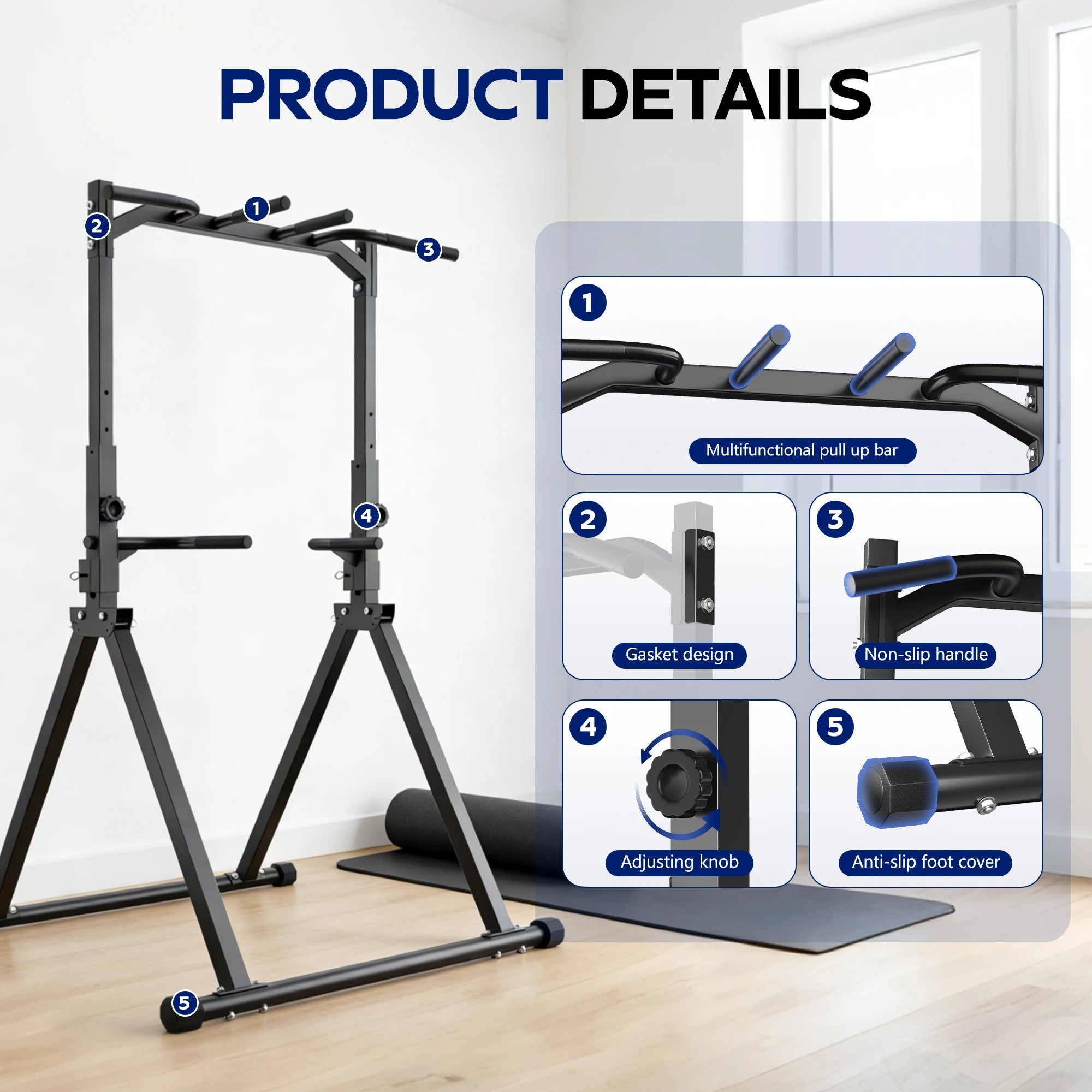 KERDOM Foldable Pull Up Station Power Tower for Home Gym, Height Adjustable Dip Station Power Tower Full Body Strength Training Fitness Equipment, Space Saving, Anti Slip Design, 135kg Weight Capacity, Free-Standing, Muscle W