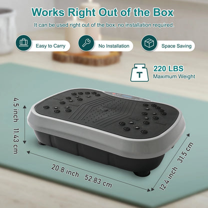 Vibration plate dimensions: 20.8 inches wide, 12.4 inches deep and 4.5 inches high, with a listed 220 lb maximum weight.