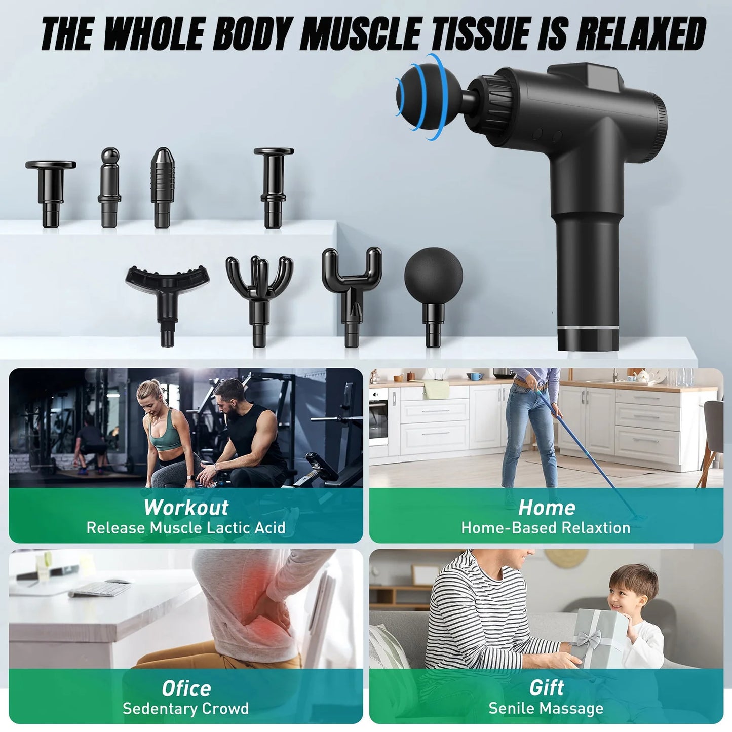 Rechargeable Cordless Massage Gun 8 Attachments Deep Tissue Muscle Relaxation Portable Body Massager for Home Use