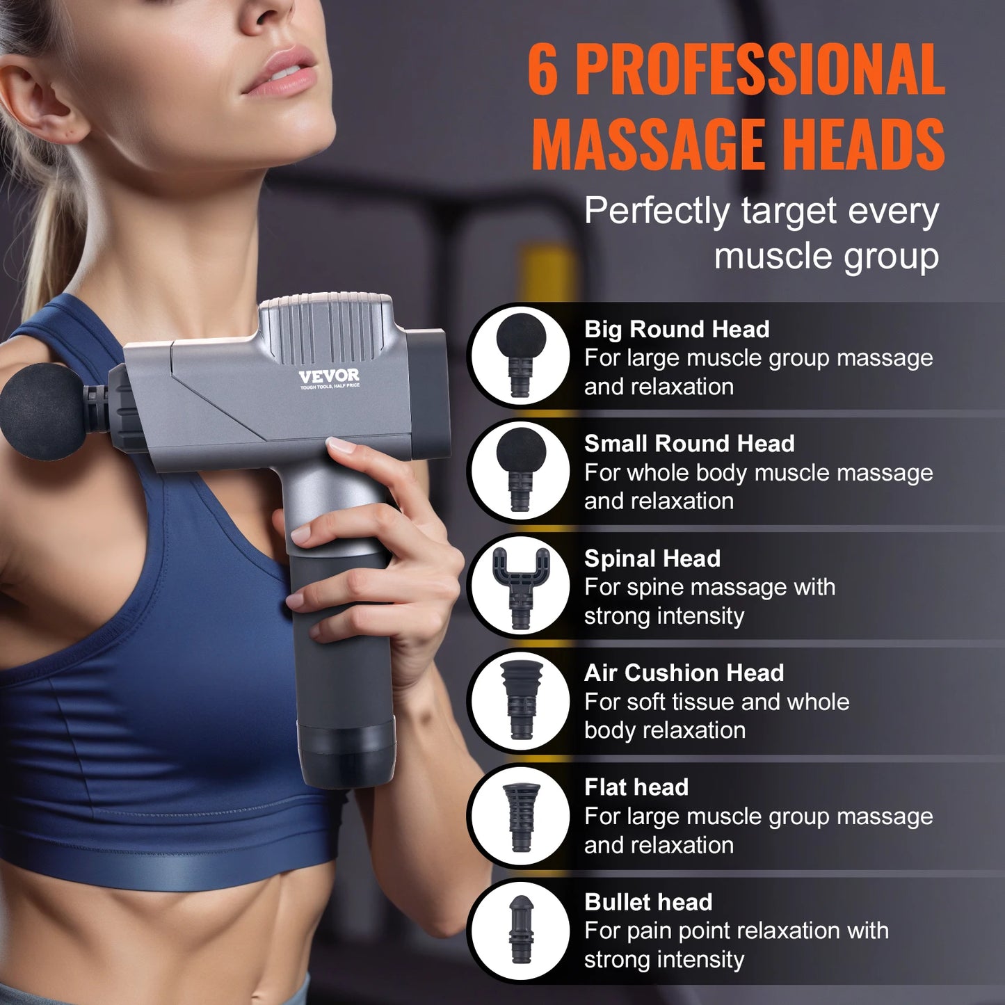Massage Gun Deep Tissue Percussion Muscle Massager for Athletes w/ 8 Speed Levels 6 Massage Heads 16V 2500mAh Batteries