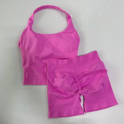 Women's 2-Piece Yoga Gym Set | Backless Halter Top & High Waist Seamless Shorts – Wellness-Whirl