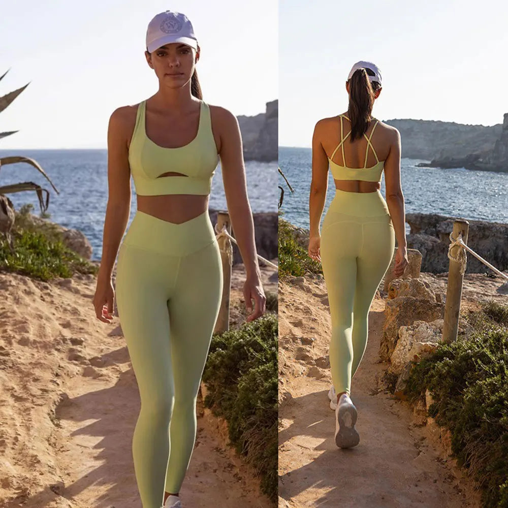 2025 Women's Nude-Feel Yoga Two-Piece Set – Shockproof Sports Bra & High-Waist Lifting Slimming Capri Pants Fitness Activewear