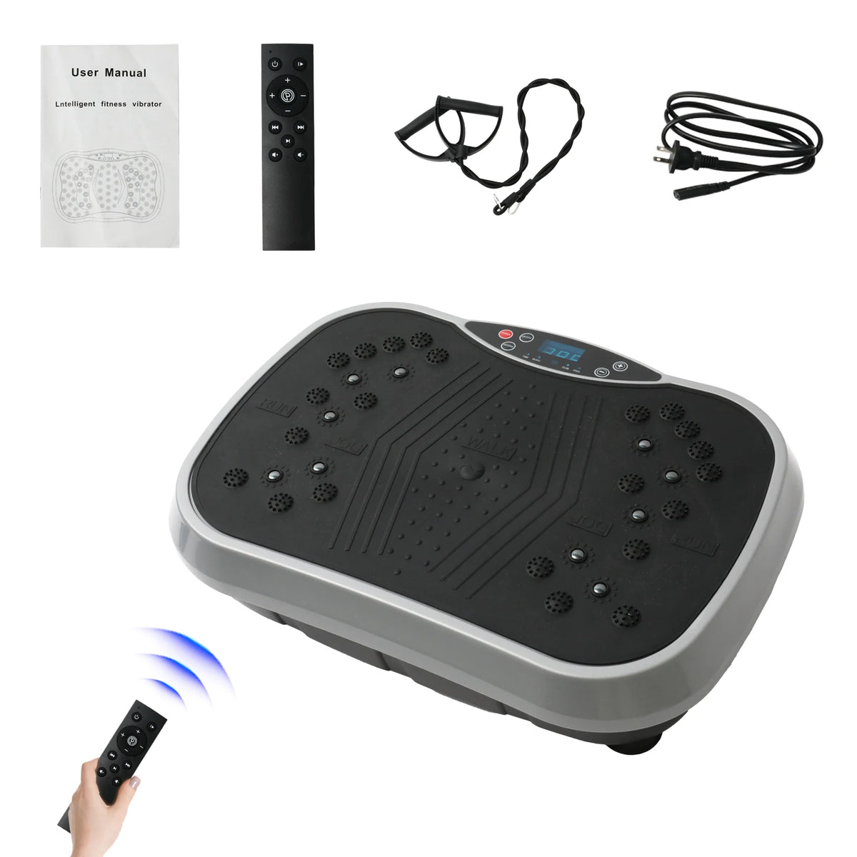  Collage showing a vibration plate used for supported exercises and stretches, with remote control and resistance bands.