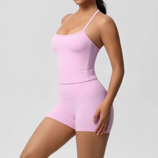 Yoga Gym Set Halter Top Set Yoga High Waist Shorts Set Backless Tights Bra Vest Seamless Stretch Ribbed Buttocks Lift Shorts Set