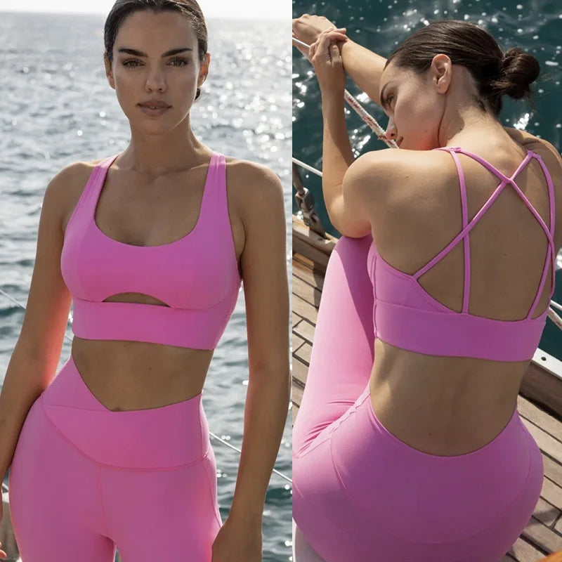 2025 Women's Nude-Feel Yoga Two-Piece Set – Shockproof Sports Bra & High-Waist Lifting Slimming Capri Pants Fitness Activewear