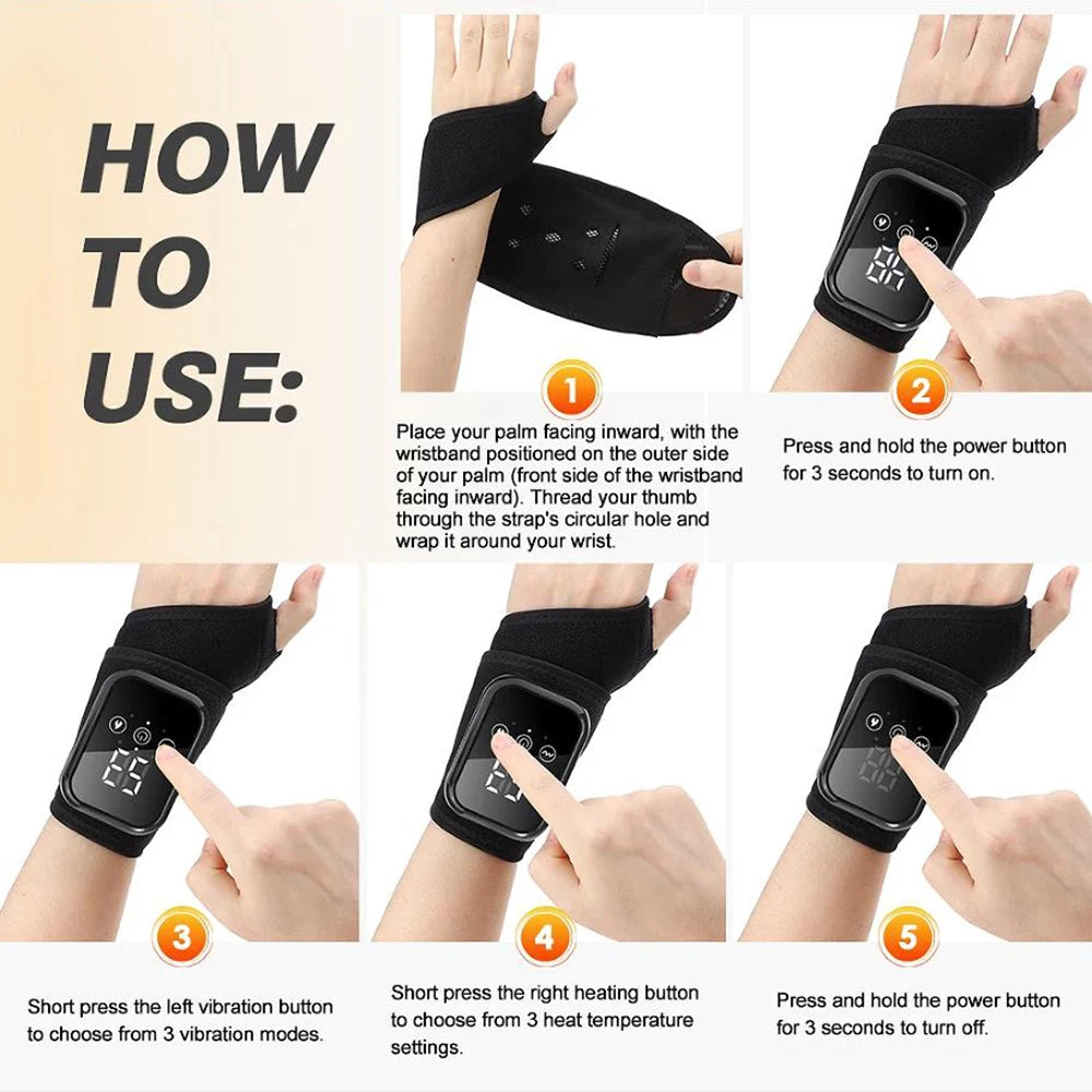 Wireless Electric Heating Wrist Massager 3 Levels Hot Compress 3 Levels Vibration Hand Massage Wrist Guard Band Support Belt