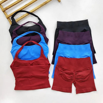 Women's 2-Piece Yoga Gym Set | Backless Halter Top & High Waist Seamless Shorts – Wellness-Whirl