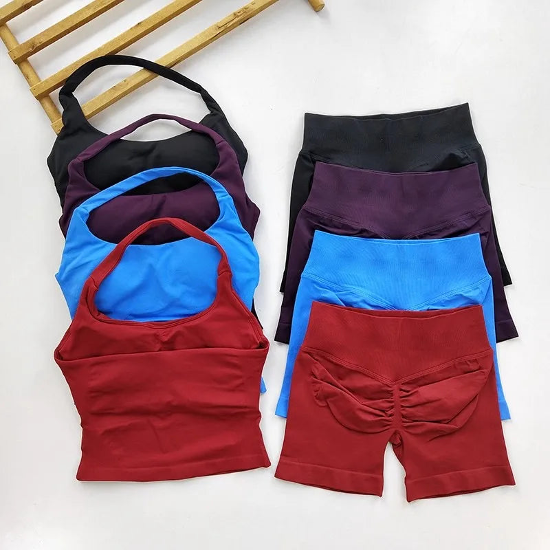 Women's 2-Piece Yoga Gym Set | Backless Halter Top & High Waist Seamless Shorts – Wellness-Whirl