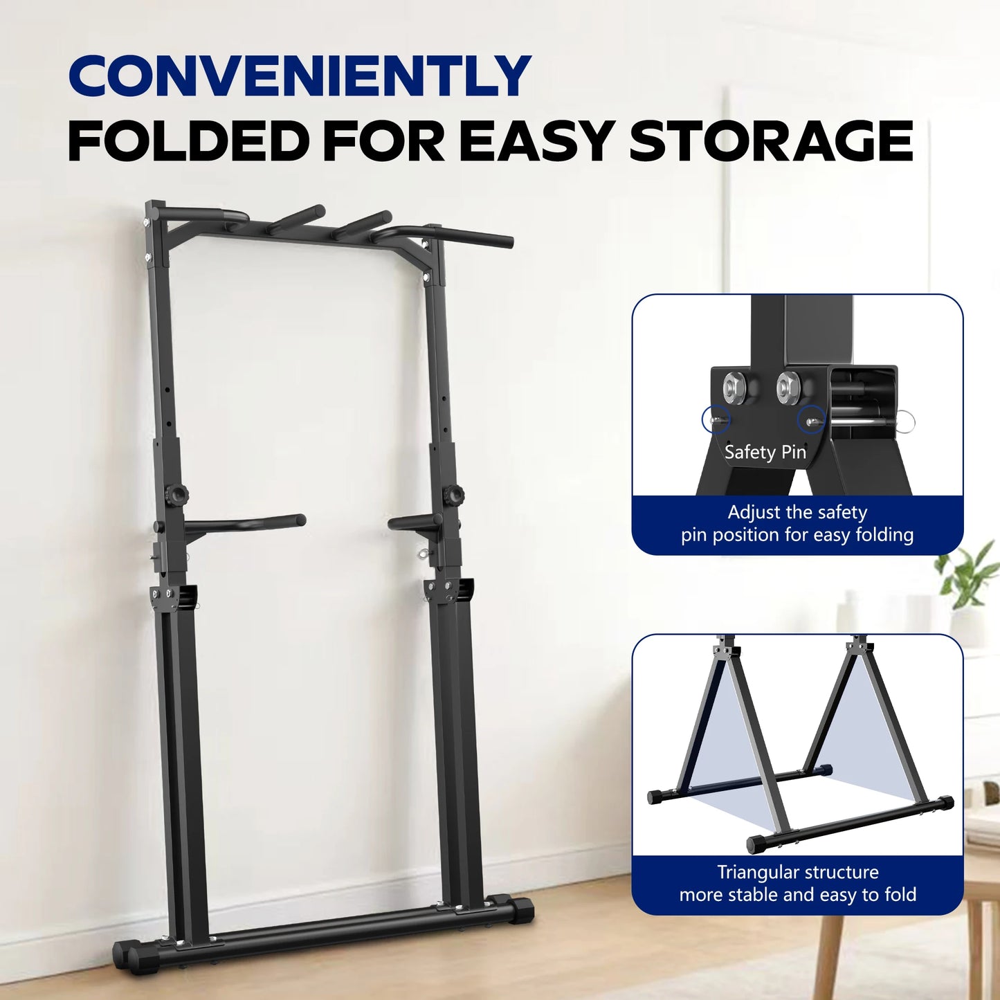 KERDOM Foldable Pull Up Station Power Tower for Home Gym, Height Adjustable Dip Station Power Tower Full Body Strength Training Fitness Equipment, Space Saving, Anti Slip Design, 135kg Weight Capacity, Free-Standing, Muscle W