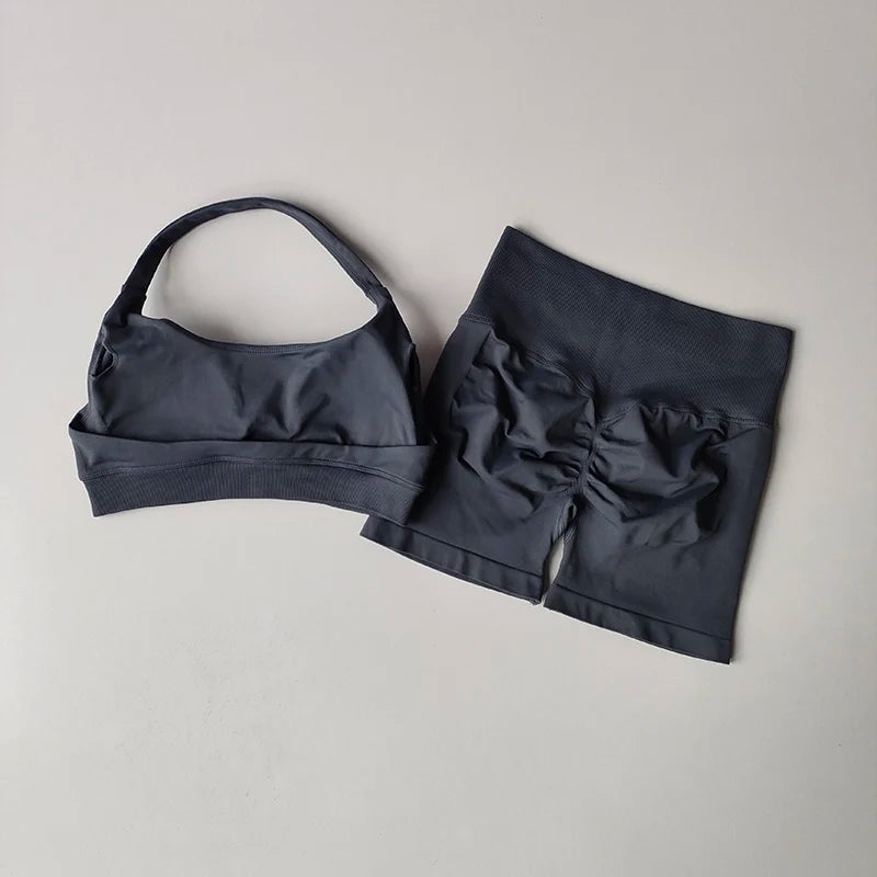 Sexy Halter Neck Beautiful Back High Waist Peach Sports Bras Shorts Suit Pilates Gathering Yoga Vest Training Fitness Bra Sets