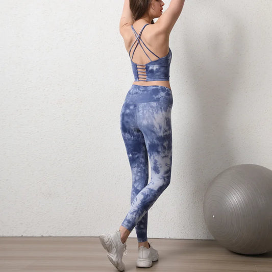 Women's High-Waist Hip-Lifting Seamless Yoga Sets Tie-Dye Sports Fitness Workout Gym Leggings with Beauty Back Bra Suits,/;oip