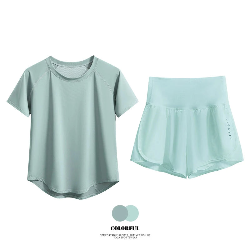 2pcs Yoga Set Women Summer Sports Suit 2 Piece Sportswear Outfits Female Short Sleeve Fitness Tops Running Shorts Sets New