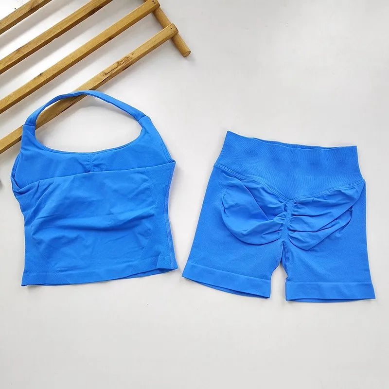 Women's 2-Piece Yoga Gym Set | Backless Halter Top & High Waist Seamless Shorts – Wellness-Whirl