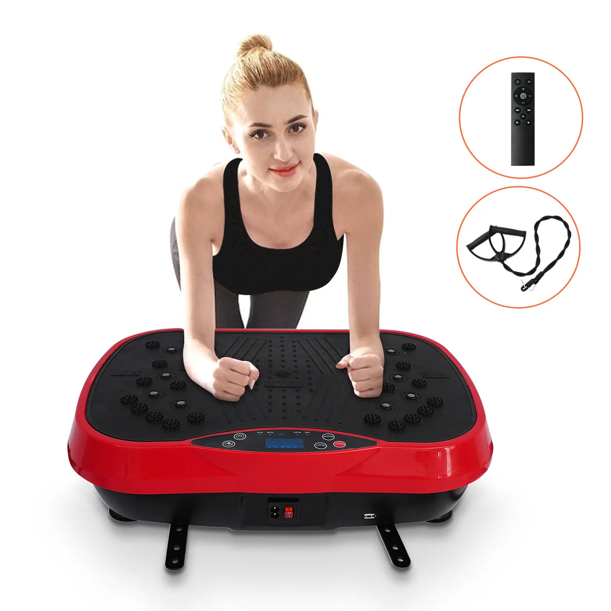 Woman resting her forearms on a red vibration plate, with remote control and resistance bands shown alongside.