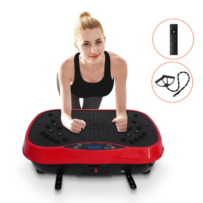 Woman resting her forearms on a red vibration plate, with remote control and resistance bands shown alongside.