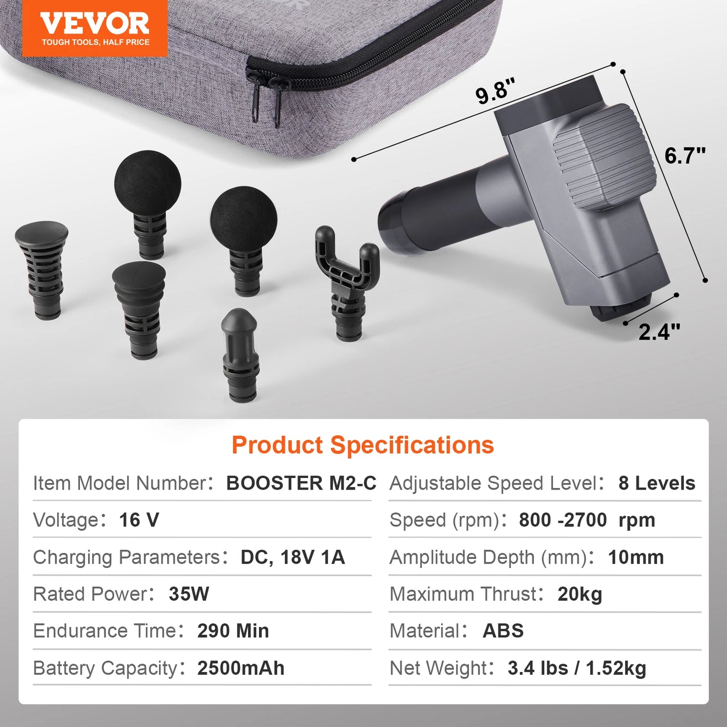 Massage Gun Deep Tissue Percussion Muscle Massager for Athletes w/ 8 Speed Levels 6 Massage Heads 16V 2500mAh Batteries