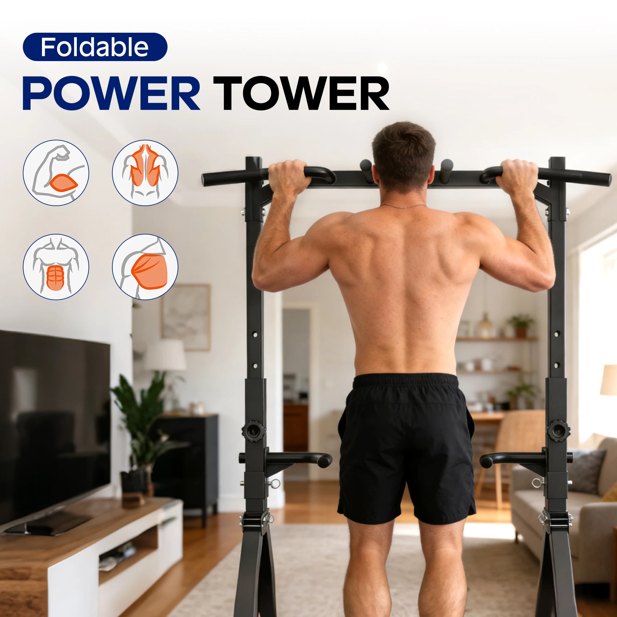 KERDOM Foldable Pull Up Station Power Tower for Home Gym, Height Adjustable Dip Station Power Tower Full Body Strength Training Fitness Equipment, Space Saving, Anti Slip Design, 135kg Weight Capacity, Free-Standing, Muscle W