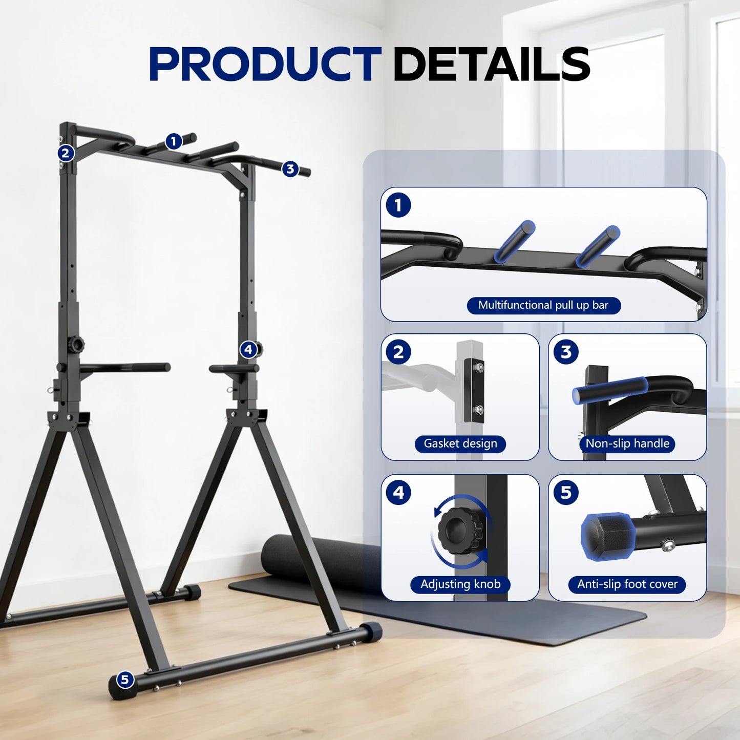 KERDOM Foldable Pull Up Station Power Tower for Home Gym, Height Adjustable Dip Station Power Tower Full Body Strength Training Fitness Equipment, Space Saving, Anti Slip Design, 135kg Weight Capacity, Free-Standing, Muscle W
