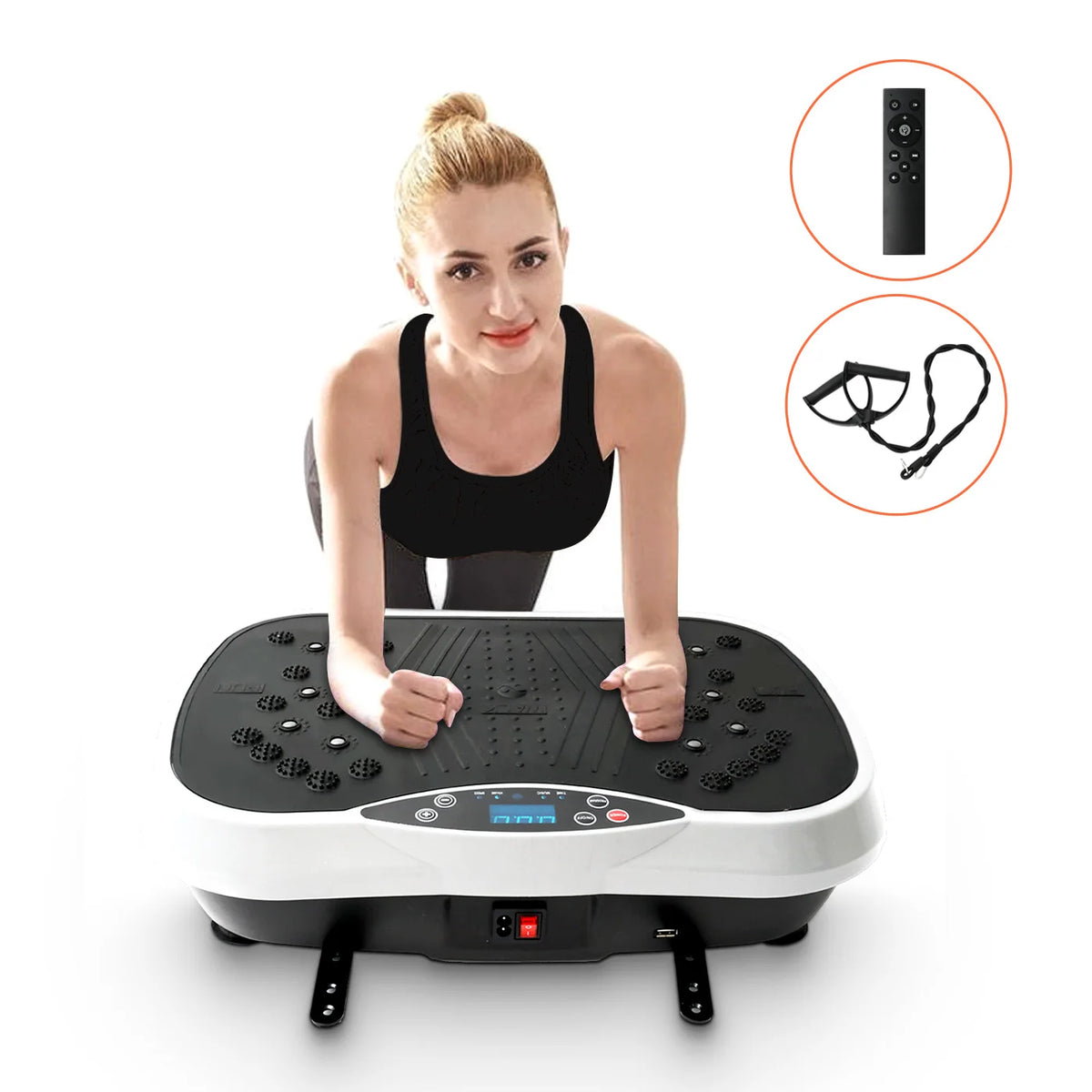  Woman resting her forearms on a white vibration plate, with remote control and resistance bands shown alongside.