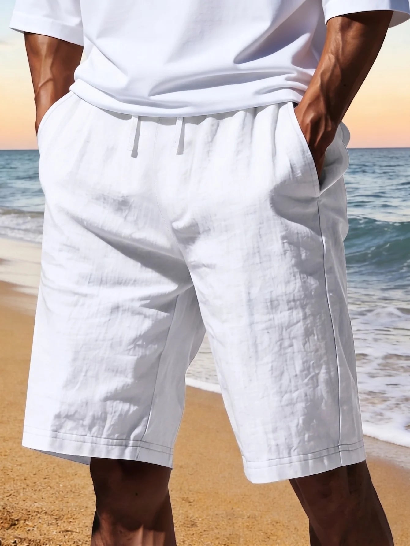 Men Light Blue Quick Dry Beach Shorts Elastic Drawstring Waist Loose Fit Knee Length Swim Trunks Lightweight Breathable Casual  Shorts With Side Pockets