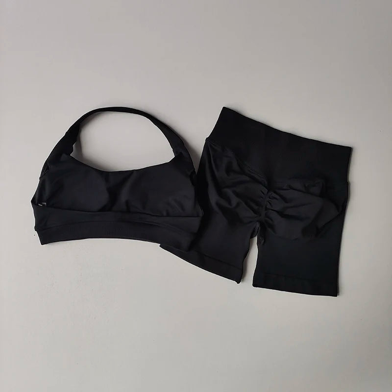 Women's Halter Neck Sports Bra & High-Waist Shorts Set | Yoga & Pilates Activewear – Wellness-Whirl