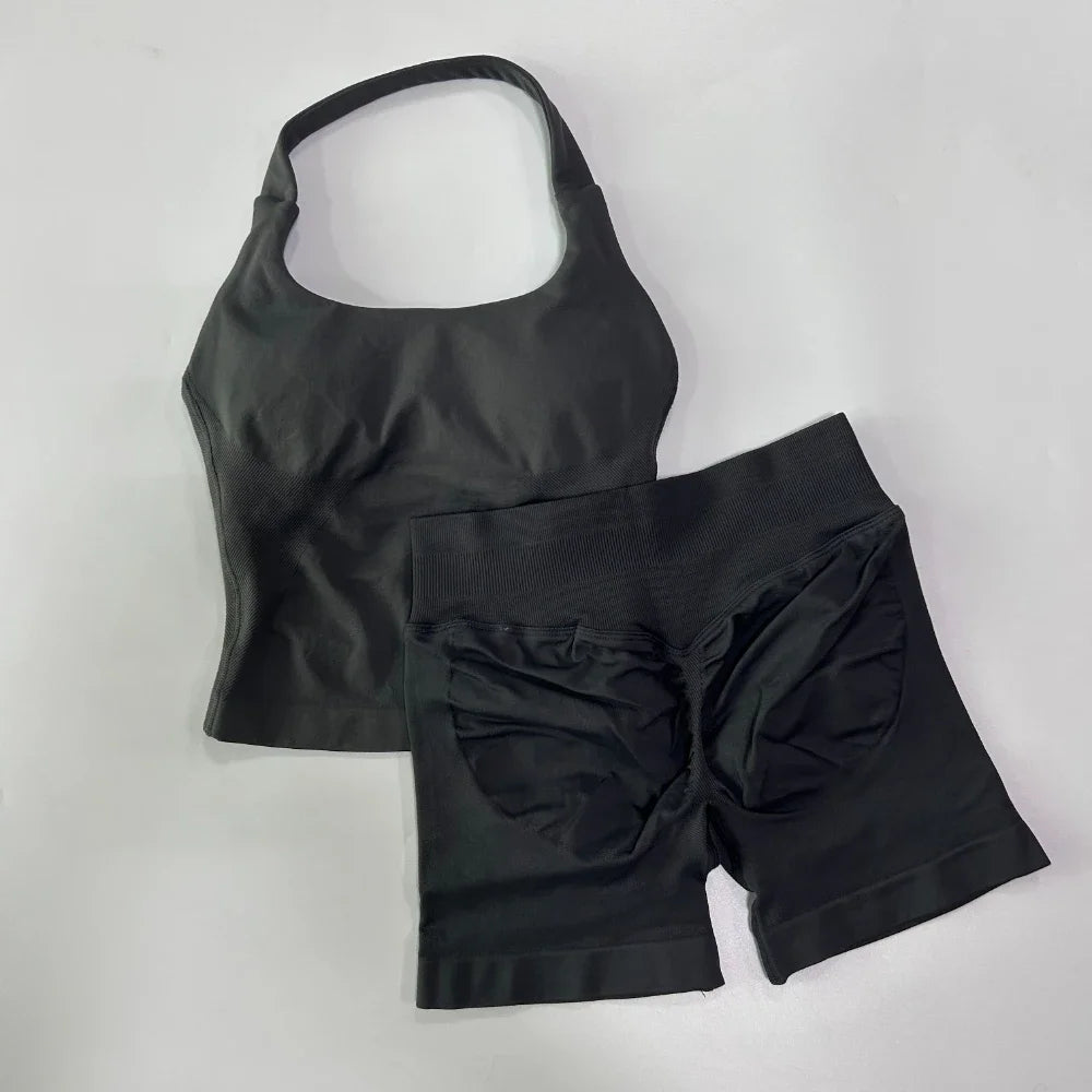 Women's 2-Piece Yoga Gym Set | Backless Halter Top & High Waist Seamless Shorts – Wellness-Whirl