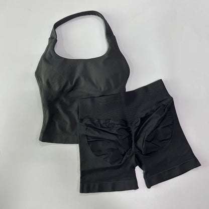 Women's 2-Piece Yoga Gym Set | Backless Halter Top & High Waist Seamless Shorts – Wellness-Whirl