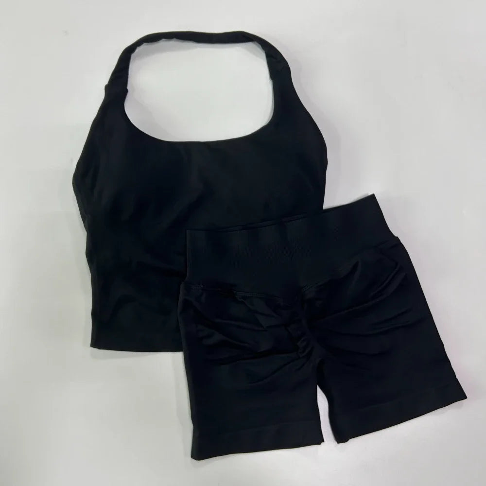 Women's 2-Piece Yoga Gym Set | Backless Halter Top & High Waist Seamless Shorts – Wellness-Whirl
