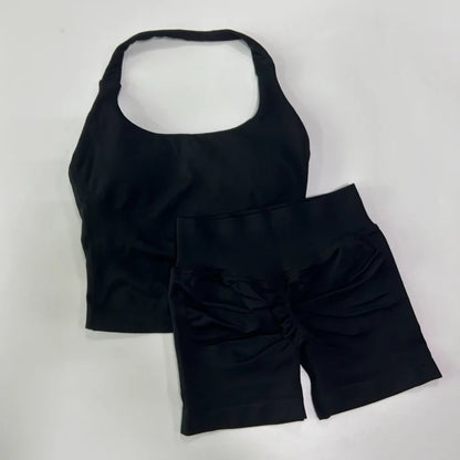 Women's 2-Piece Yoga Gym Set | Backless Halter Top & High Waist Seamless Shorts – Wellness-Whirl