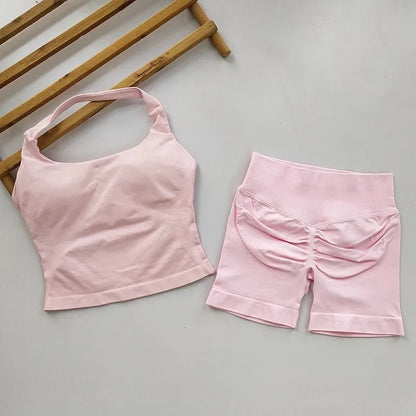Women's 2-Piece Yoga Gym Set | Backless Halter Top & High Waist Seamless Shorts – Wellness-Whirl