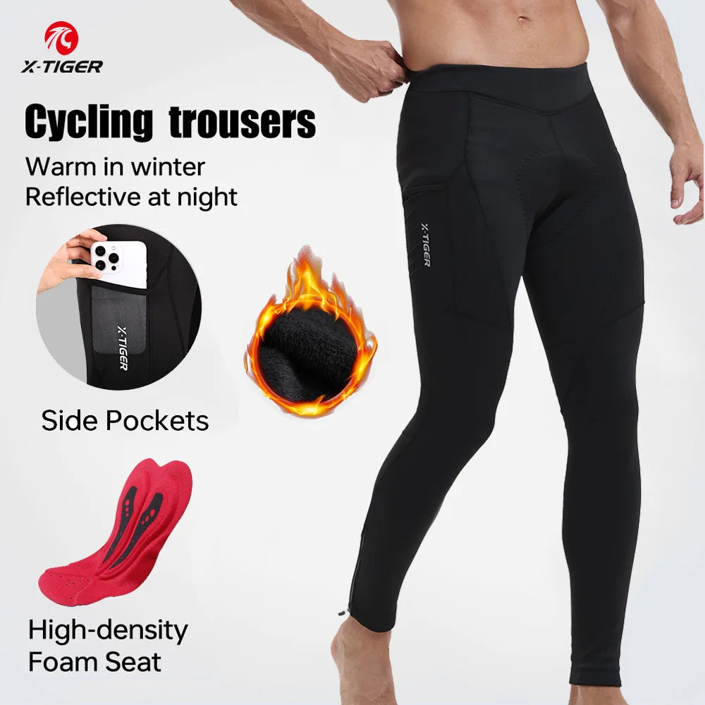 Winter Men's Long Cycling Pants Sponge Pad Shock Absorption Bicycle Trousers Warm Breathable MTB Road Bike Tights