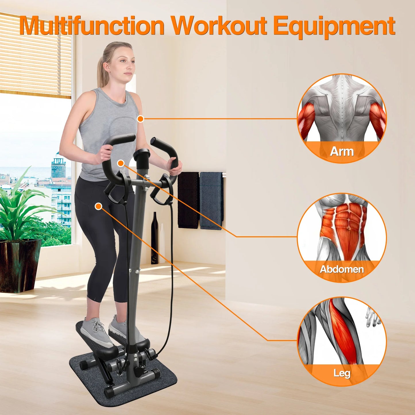 Exercise Stepper Machine Fitness Twist Stepper Stair Step with Handlebar LCD Monitor Resistance Bands Cardio Workout Home Gym