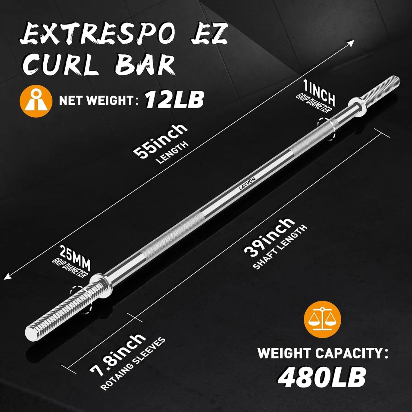 55" Weight Lifting Bar, 1" Standard Straight Barbell Bars for Weight lifting, Olympic Barbell Bar for Bench Press/Hip