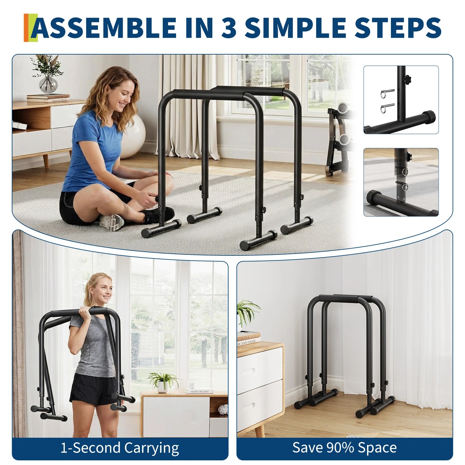 Adjustable Dip Bars with 3 Level Height 32 to 36 inch, 440 lbs Steel Parallel Push Up Stand, for Home Gym Strength Training